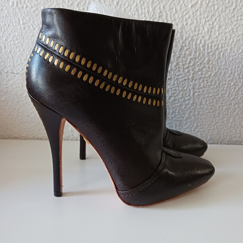 L.A.M.B. Dark chocolate brown and Gold studded Ankle Boots. EUC 7.5 Women’s